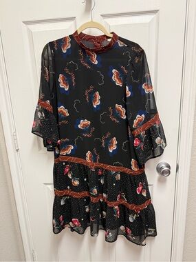 Warm Black Fall Floral Semi Sheer Dress